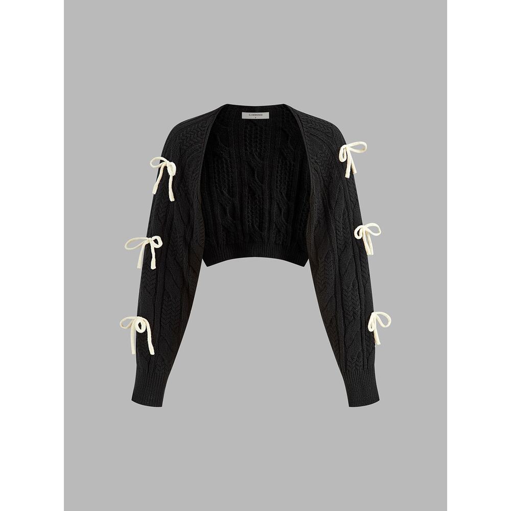Commense Bow Knotted Cropped Cable Knit Cardigan Girly Cozy Black NWT XL